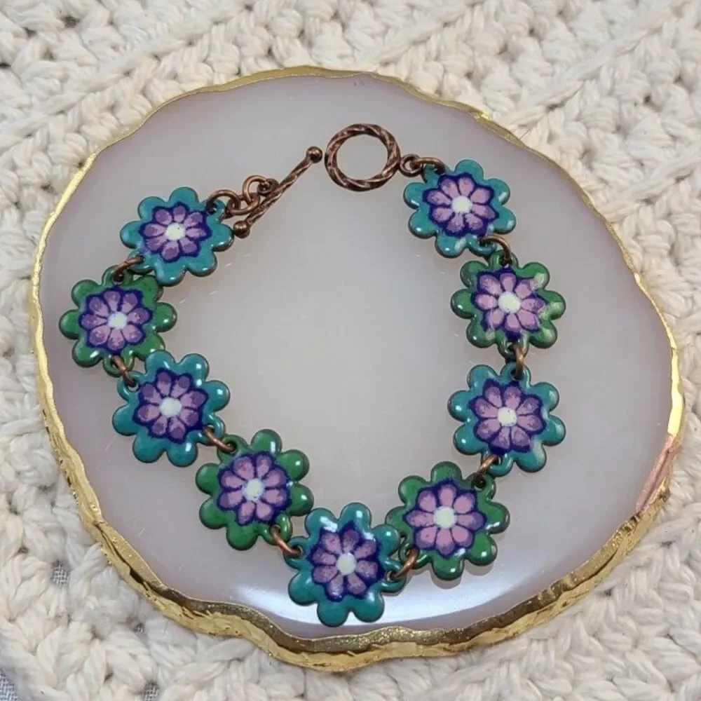 Vintage Copper Enamel Floral Bracelet Mid Century MCM Flower Panel Link 6.5
